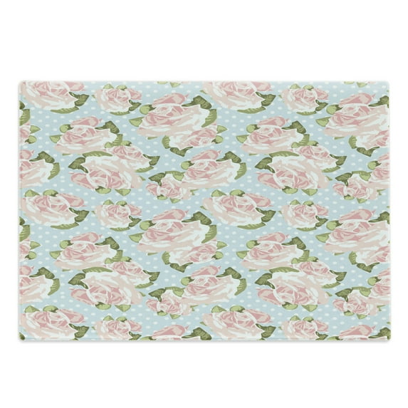 Shabby Flora Cutting Board, English Gardening Plants Antique Victorian Fashion with Polka Dots, Decorative Tempered Glass Cutting and Serving Board, Large Size, Multicolor, by Ambesonne