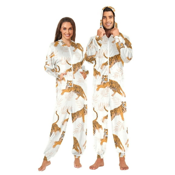Adult Christmas Onesie Lively Tiger Adult Zipper One-Piece Pajamas Unisex Pajamas with Pockets