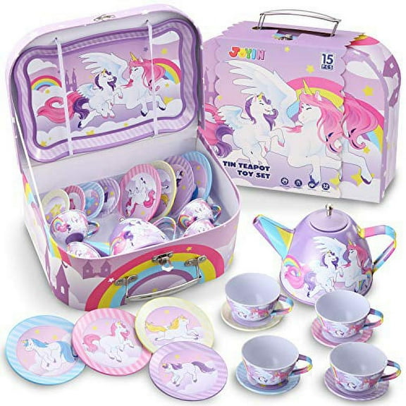JOYIN Tea Party Set for Girls, Unicorn Pretend Play Teapots Set - 15 Pcs, Pink
