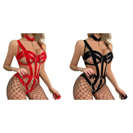 2-Pack Lingerie Set With Hollowed Out Bra Neck Collar And Weave Belt For Women Lingerie Nightgown Lingerie for Women Snap Crotch Underwire Vintage Negligee Large Womens Lingerie Dress up Mini