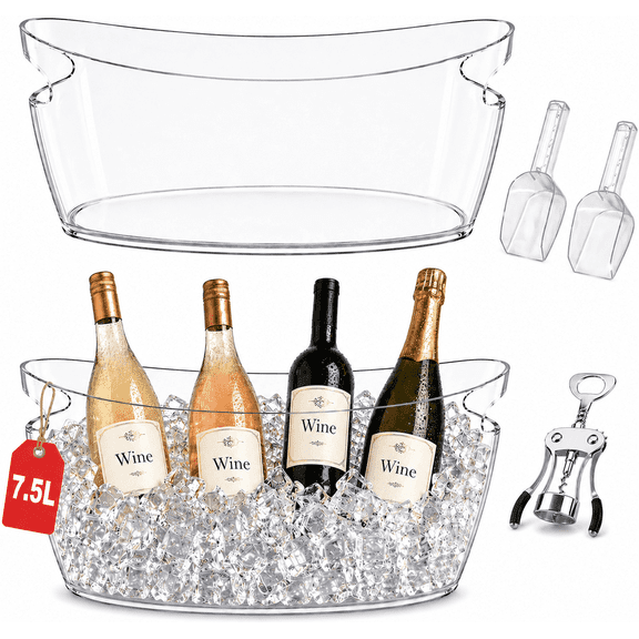 Induslyfe 7.5L Ice Bucket Set for Parties, 2 Clear Beverage Tubs with Ice Scoops and Bottle Opener, Plastic Drink Cooler for Beer Wine Champagne