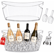 Induslyfe 7.5L Ice Bucket Set for Parties, 2 Clear Beverage Tubs with Ice Scoops and Bottle Opener, Plastic Drink Cooler for Beer Wine Champagne