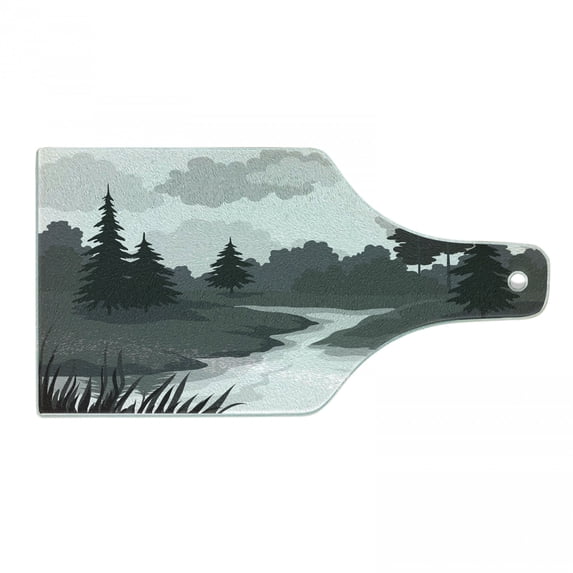 Lake Forest Cutting Board, Greyscale Landscape of Tree and River Silhouettes, Decorative Tempered Glass Cutting and Serving Board, in 3 Sizes, by Ambesonne
