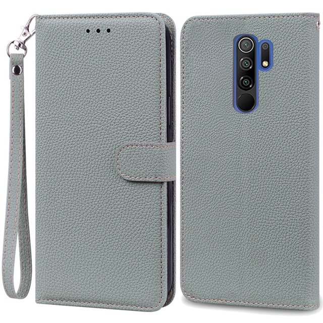 For Redmi 9 Case Soft Silicone Wallet Cover Phone Case For Xiaomi Redmi 9 Case Redmi9 Leather Flip Case Coque Fundas Shell Grey -Strap For Redmi 9