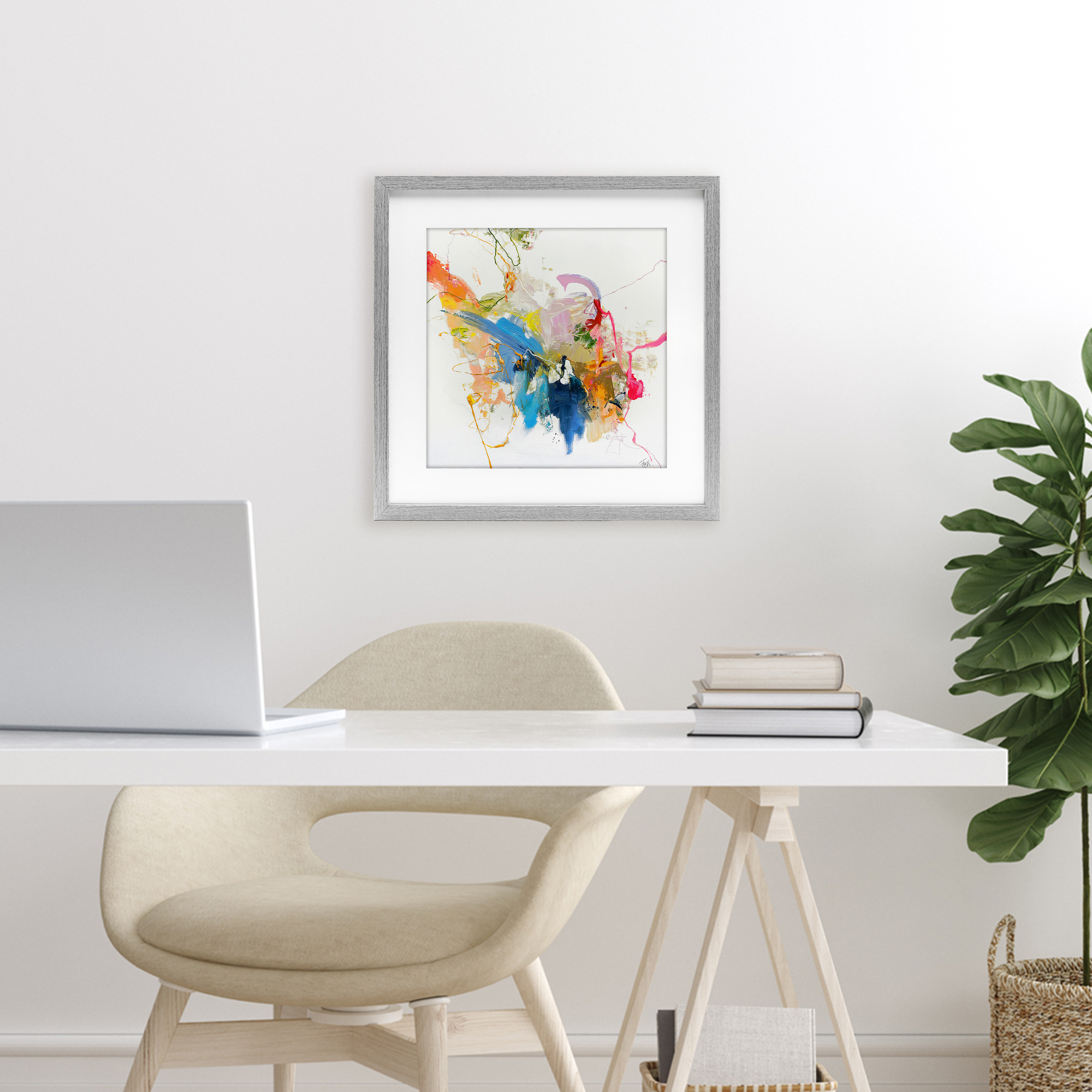 Confident Pink Abstraction Gray Framed Print Under Glass, design by Design Fabrikken