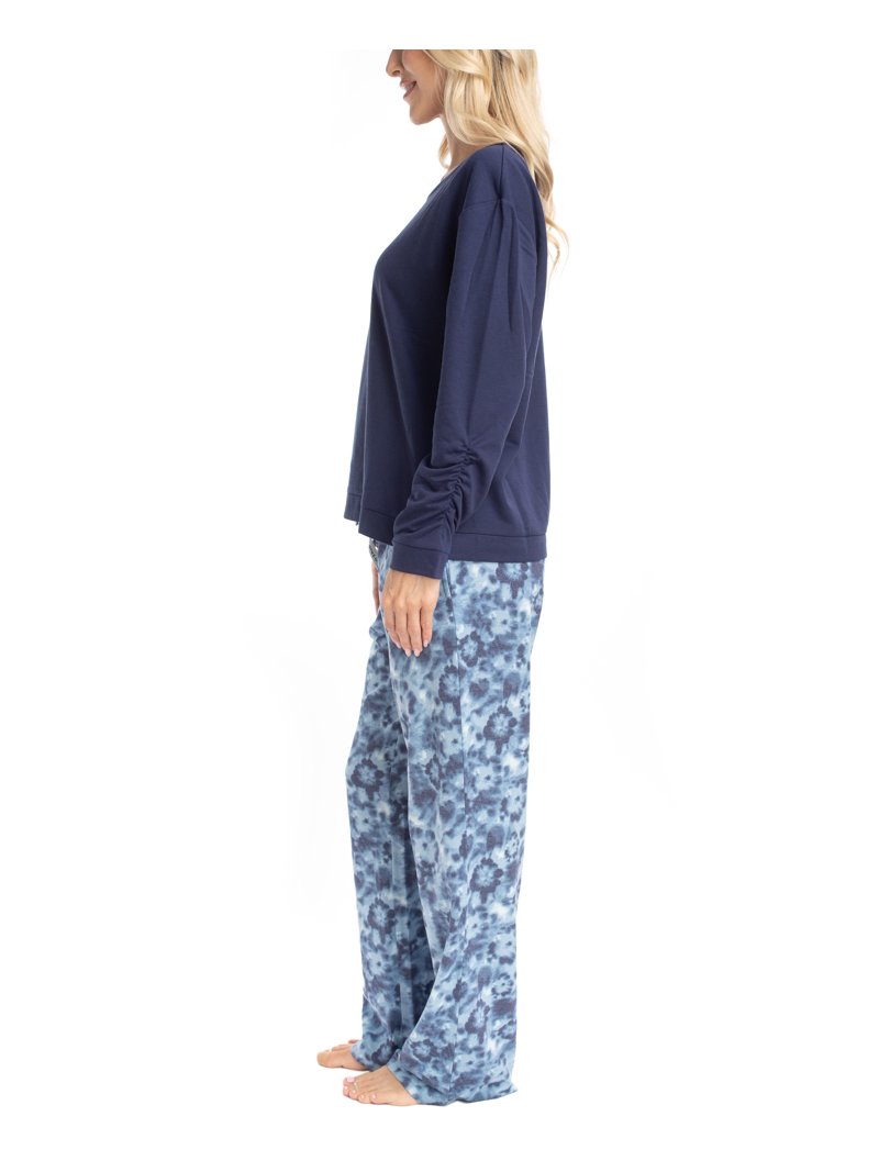 Lu's Chic Women's Two-Piece Pajama Set - Long Sleeve, Pockets, Crew Neck, Navy, Large