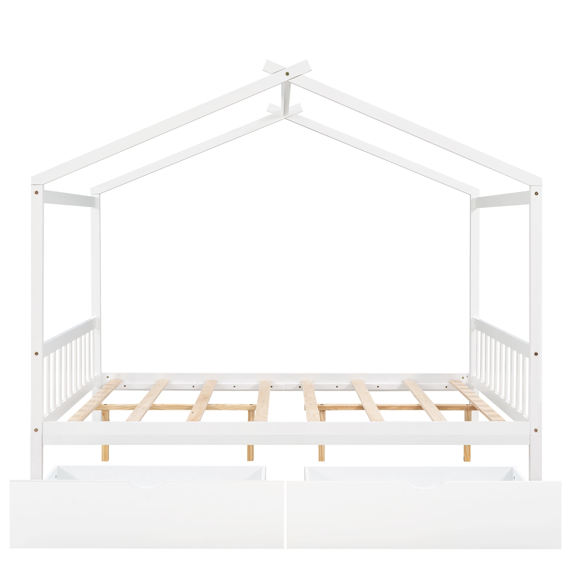 Bellemave Full Size House Bed with Roof,Full Low Platform Bed Frame with 2 Drawers,Solid Wood Storage Bed,Can be Decorated(White,Full)