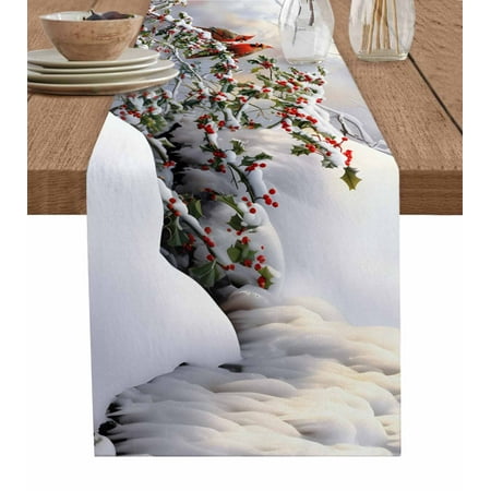 

Christmas Table Runner Xmas Birds Berry Botanical Snowflake Tablerunners 13 x 48 Inch Table Decorations Tabletop Scarf for Summer Gathering Holiday Farmhouse Kitchen Dining Decor