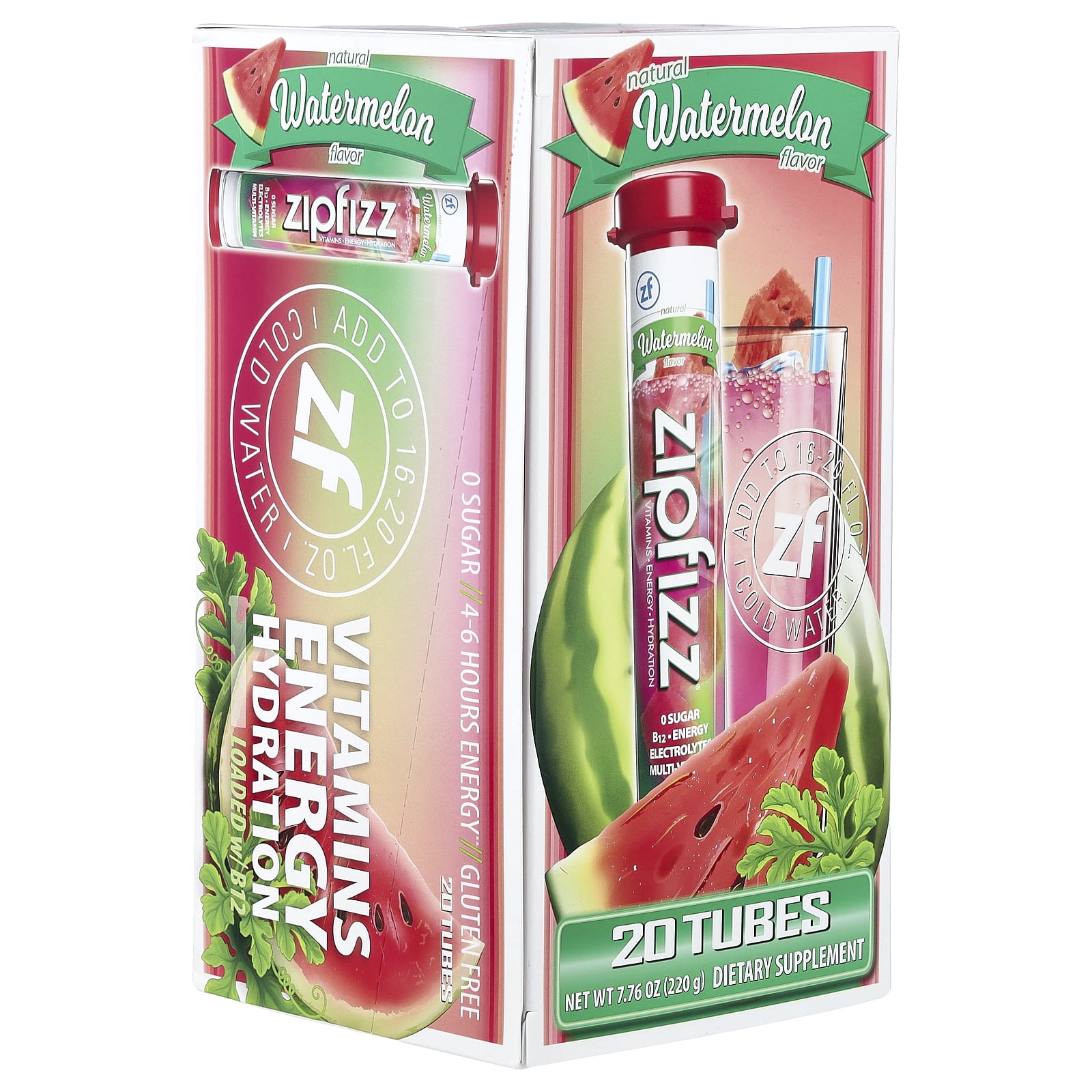Zipfizz, Energy Drink Mix, Watermelon, 20 Tubes, 0.39 oz each