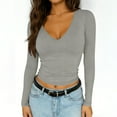 thumbnail image 2 of AherBiu Going out Tops for Women V Neck Long Sleeve T-Shirt Cropped Cute Tops Slim Fitted Stretch Basic Layer Tees Undershirt Gray7,Large, 2 of 9