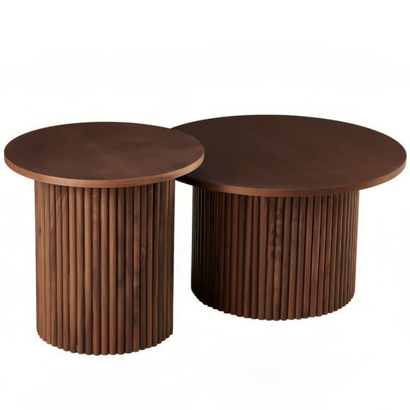 Kevinplus Set of 2 Round Coffee Tables, MDF Table-top with Metal Base, Sofa Side Table for Living Room, Reception Room, Walnut