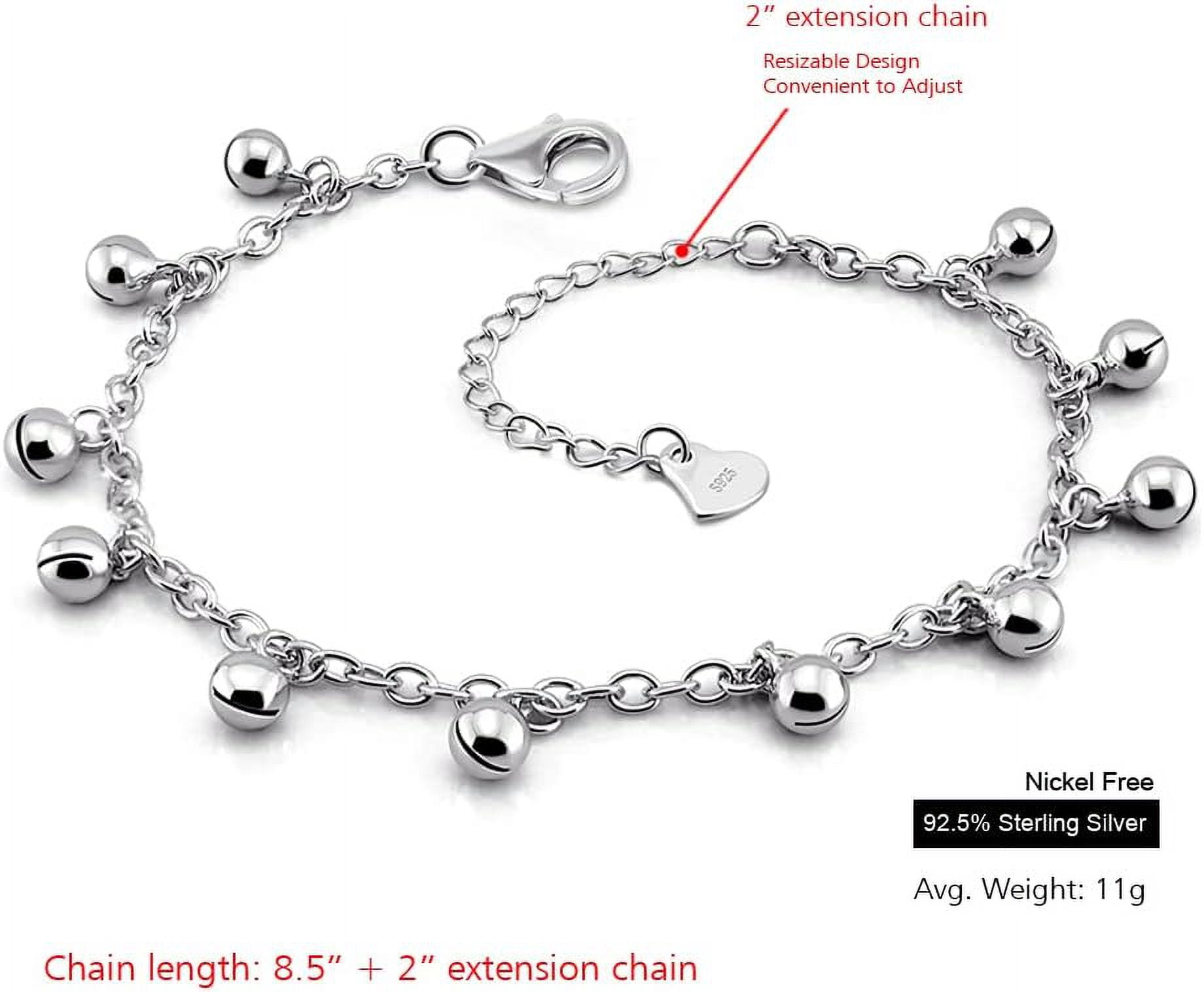 925 Sterling Silver Jingle Bells Bead Chain Charm Bracelet/Anklet, Dual Purpose of Anklet & Bracelet - Up To 10.5" Inch - for Women