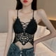 thumbnail image 2 of 2 piezas de camiseta sin mangas de encaje de crochet para mujer, con escote en V profundo, con espalda embellecida, camiseta sin mangas corta en blanco y negro, talla única, 2 of 8