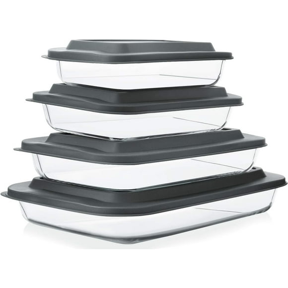 Juego de 8 fuentes de vidrio para horno profundas con tapas de plástico, juego de utensilios de vidrio rectangulares para hornear con tapas, bandejas para hornear para lasaña, sobras, cocina, del