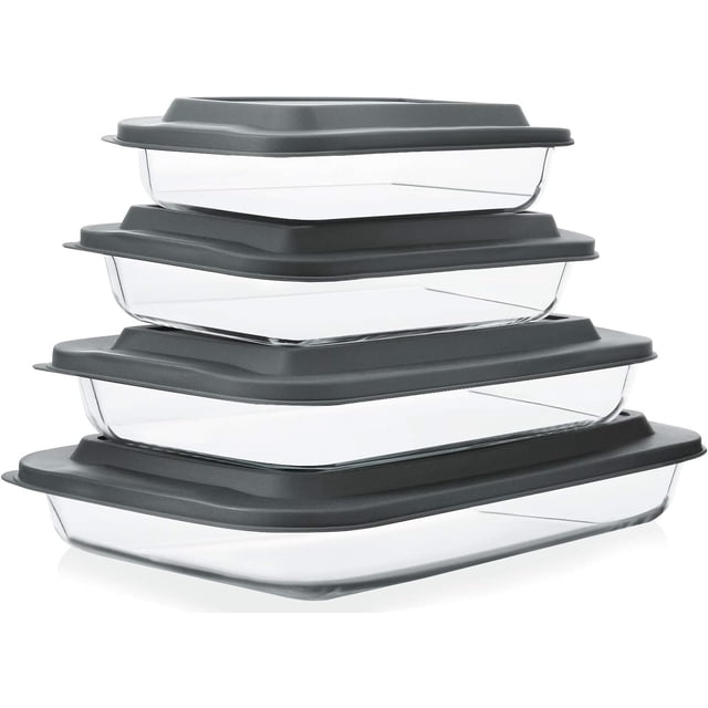 Juego de 8 fuentes de vidrio para horno profundas con tapas de plástico, juego de utensilios de vidrio rectangulares para hornear con tapas, bandejas para hornear para lasaña, sobras, cocina, del