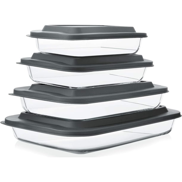Juego de 8 fuentes de vidrio para horno profundas con tapas de plástico, juego de utensilios de vidrio rectangulares para hornear con tapas, bandejas para hornear para lasaña, sobras, cocina, del