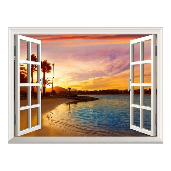 Removable Wall Sticker/Wall Mural - Tropical Beach View at Sunset | Creative Window View Wall Decor - 24"x32"