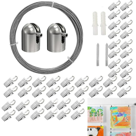 Wire Picture Hangers Tutuviw 10ft Picture Hanging Wire Kit with 48 Clips, Stainless Steel Wall Hanging Photo Display Wire Rod String Kids Art Artwork Display (Silver)