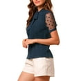 thumbnail image 4 of INSPIRE CHIC Women's Bow Tie Neck V Neck Stand Collar Short Mesh Sleeve Blouse M Navy Blue, 4 of 8