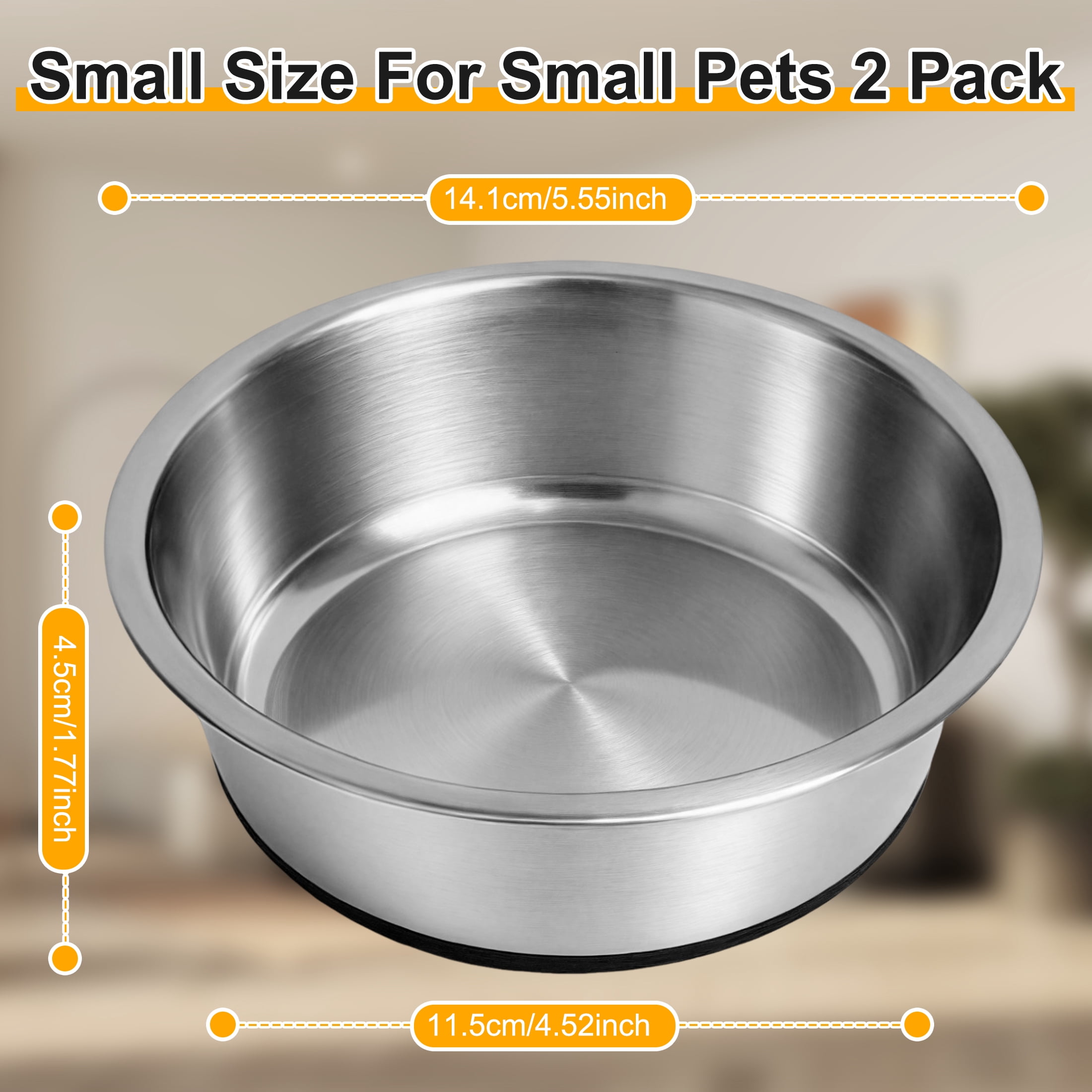 2 Pack Stainless Steel Small Pet Bowls with Non Slip Rubber Base, Anti Tip Metal Food Water Bowls for Small Dogs Cats Rabbits Guinea Pigs, Dishwasher Safe Pet Feeding Dishes