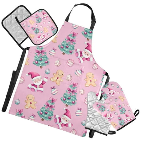 Ryvnso Gingerbread Cute Santa Claus Kitchen Apron Oven Mitts Set Pot Holders