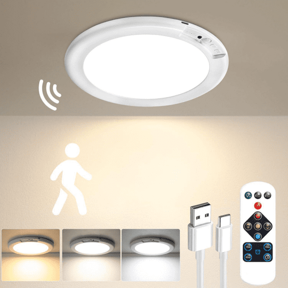Rechargeable Motion Sensor Ceiling Light with Remote, USB-C LED Ceiling Light, 3 Color Modes, Dimmable Battery Operated Ceiling Lamp for Closet, Hallway, Stairway, Pantry