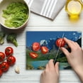 thumbnail image 4 of Landscape Cutting Board, Snowy Mountaintop Bustling River Pine Trees Rocks Grass Clouds Shrubs, Decorative Tempered Glass Cutting and Serving Board, Small Size, White Green Grey, by Ambesonne, 4 of 5