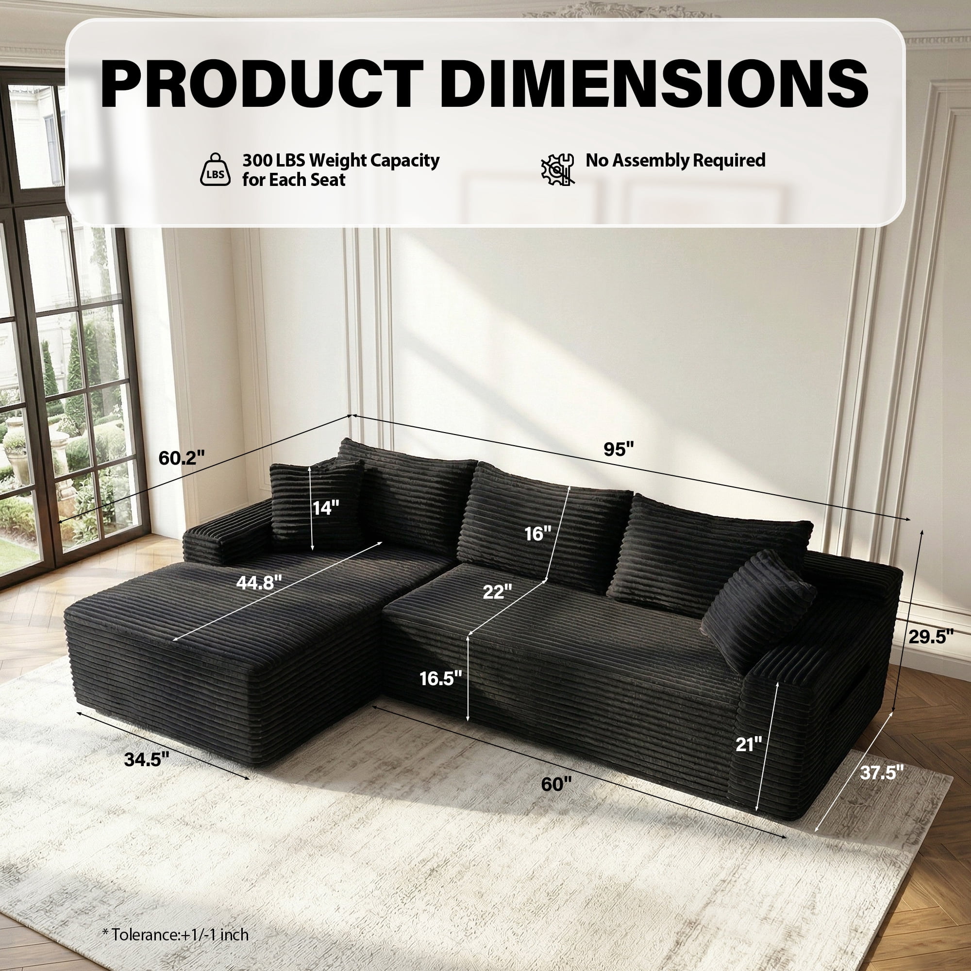 Aukfa 96" L-Shaped Cloud Sectional Sofa, Modular Boneless Couch with Deep Seat&Left-Facing Chaise for Living Room, Corduroy, Black