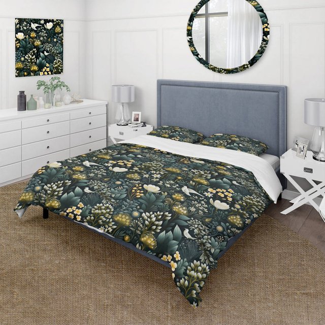 Designart "Green Forest Botanical Pattern III" Juego de sábanas florales blancas