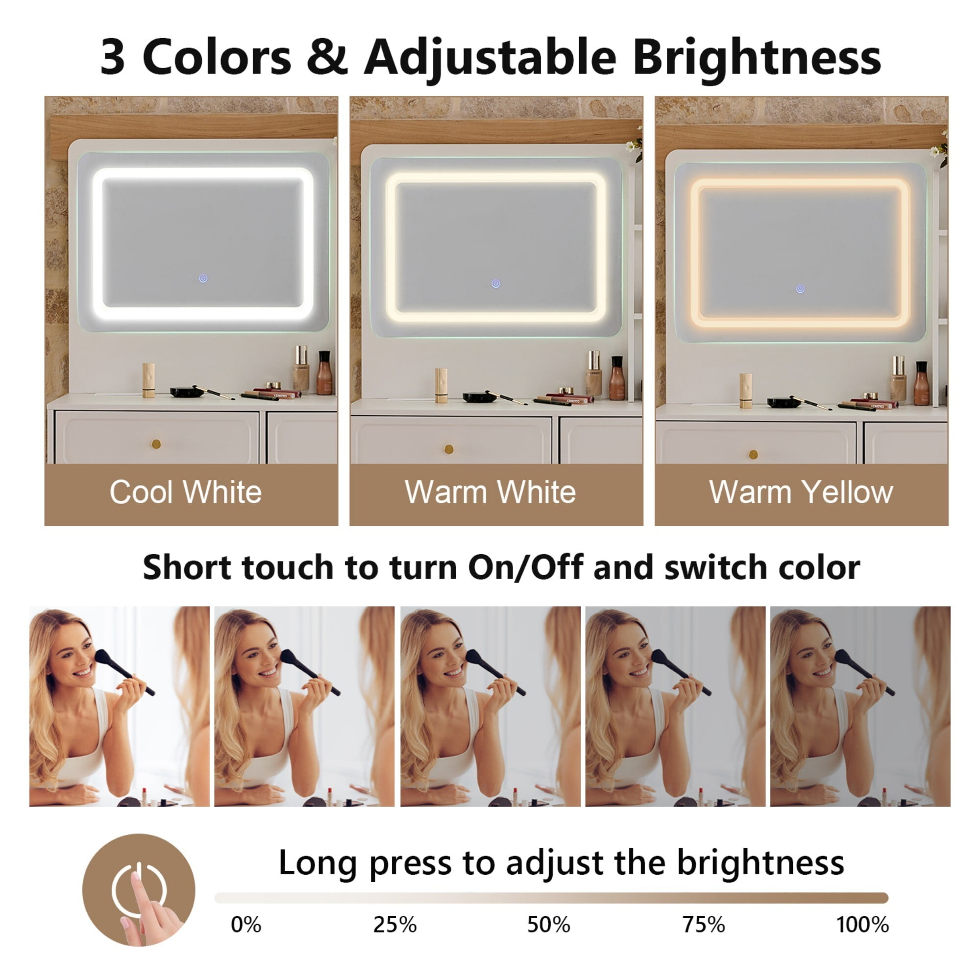 AENKYO Vanity Desk with LED Mirror, Built-in Outlets & Adjustable Cabinet, Modern Makeup Table with Stool, White