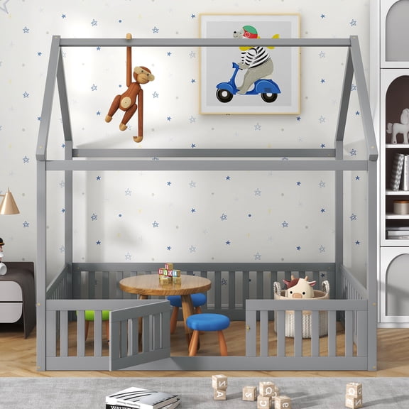 MODERNLUXE Wood Full Size Platform Bed, House Floor Bed with Fence and Door, Gray