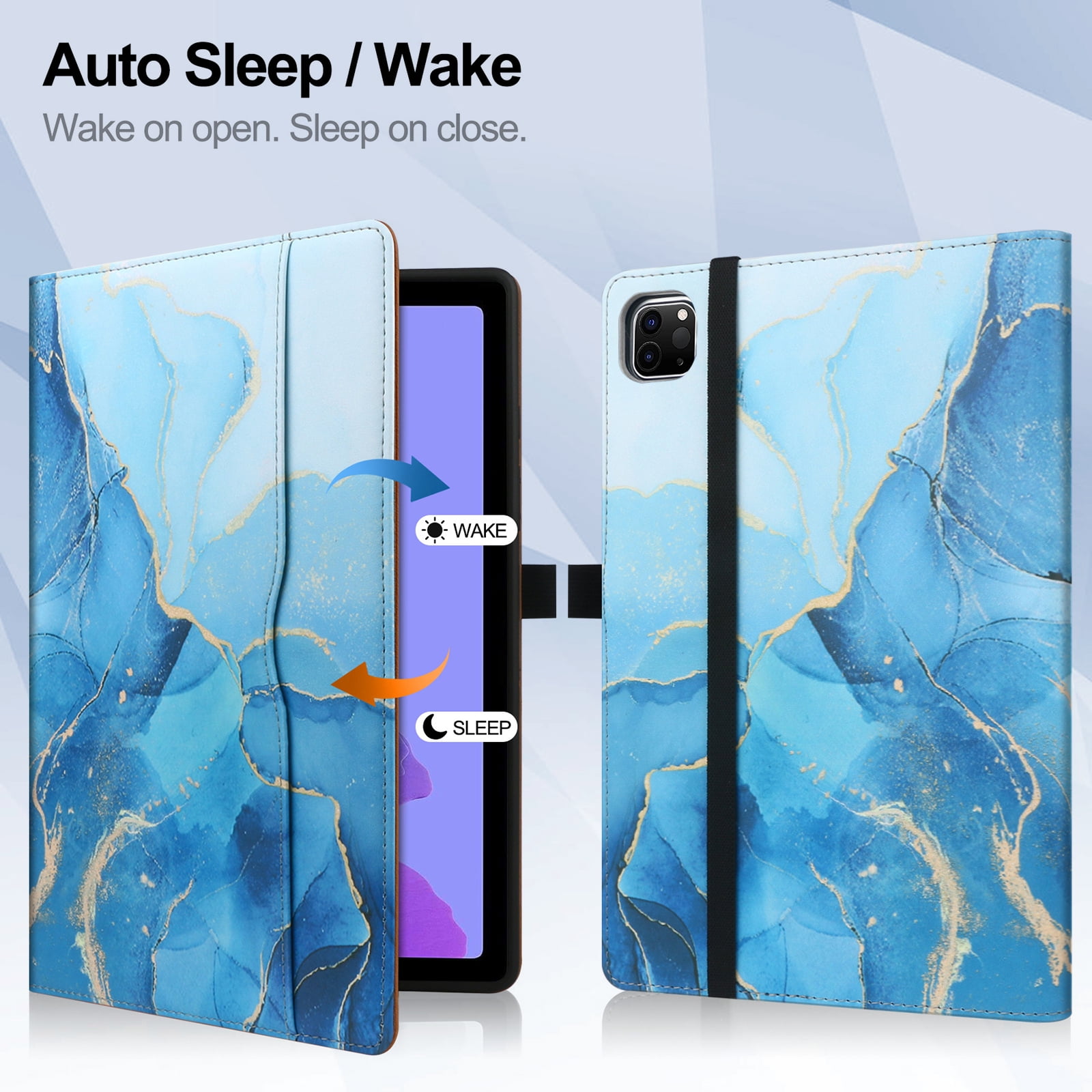 For iPad 6th 5th Gen Case/ iPad Air 1 2 Case, Auto Sleep Wake Kickstand Elastic Band Pencil Holder Front Pocket Business Case for Apple iPad 9.7" 2018/2017/ iPad Air 1 2 9.7", Blue Marble