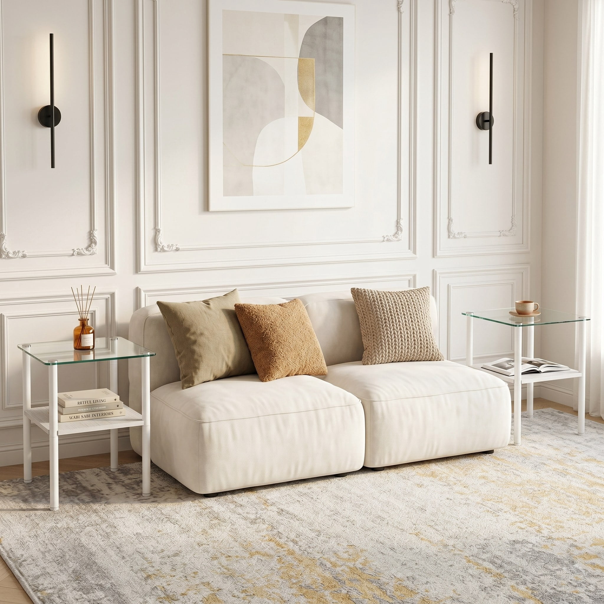 2-piece Modern Rectangular Glass Side Table, Tempered Glass Tabletop, MDF Storage Shelf & Metal Legs, Minimalist Sofa Side Table for Living Room & Bedroom