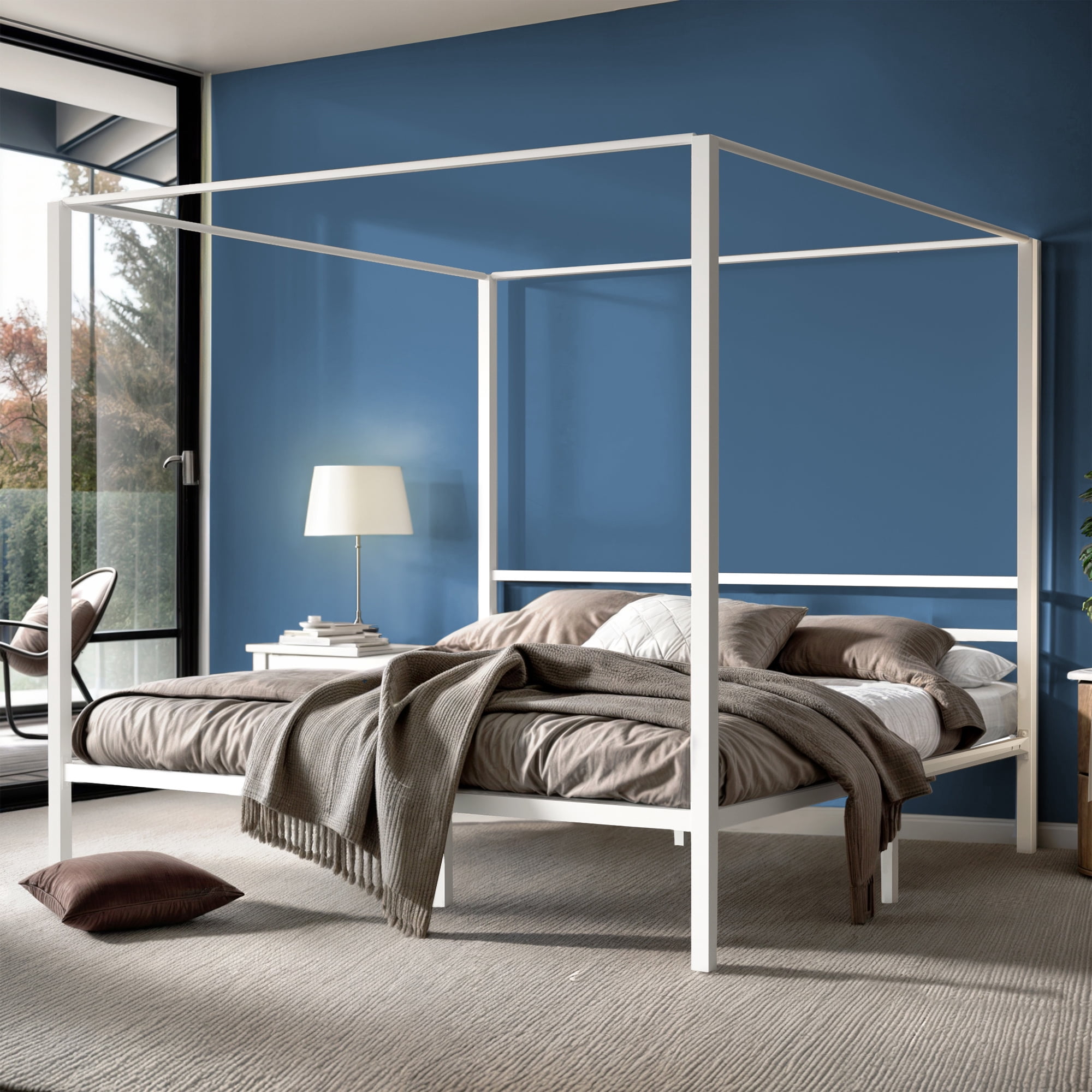 ModFusion – King Size 14 Inch Canopy Bed Frame , Build in Headboard and Strong Metal Slat and No Box Spring Required , White