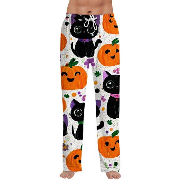 Boyscolos Orange Halloween Pajama Pumpkin Flannel Pants For Men With Pockets Plus Size Pyjama Pants with pockets for Drawstring White M
