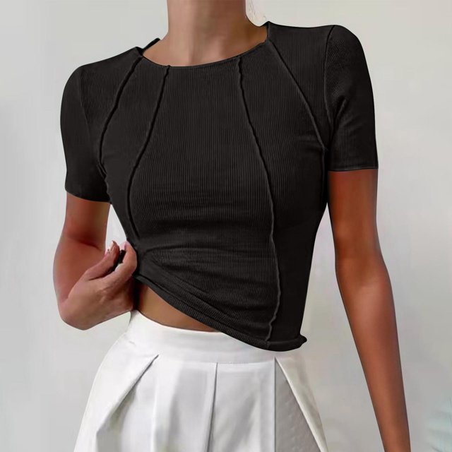 Cropped Tops para Mujeres Verano Suave de punto acanalado plisado Slim Túnica Tops Casual Sólido de manga corta Crewneck Salir Camisas