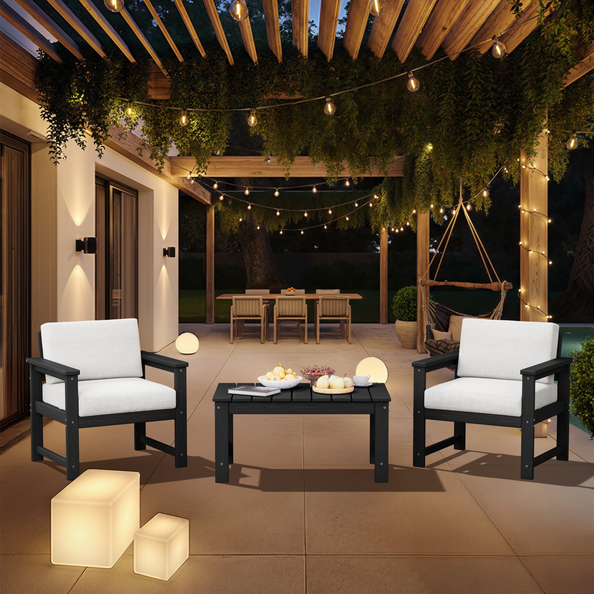 KINGYES 3 Pieces Outdoor Furniture Set, HDPE All Weather Use Conversation Couch Sets,2 Armchairs & 1 Coffee Table for Patio Backyard, Black Frame with Khaki Cushions
