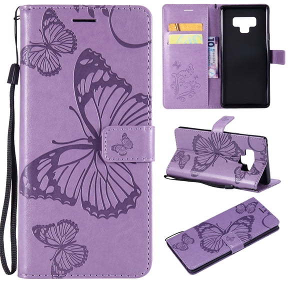 Note 9 Case, Samsung Galaxy Note 9 Case - Allytech Premium Wallet PU Leather with Fashion Embossed Floral Butterfly Magnetic Clasp Card Holders Flip Cover with Hand Strap, Purple