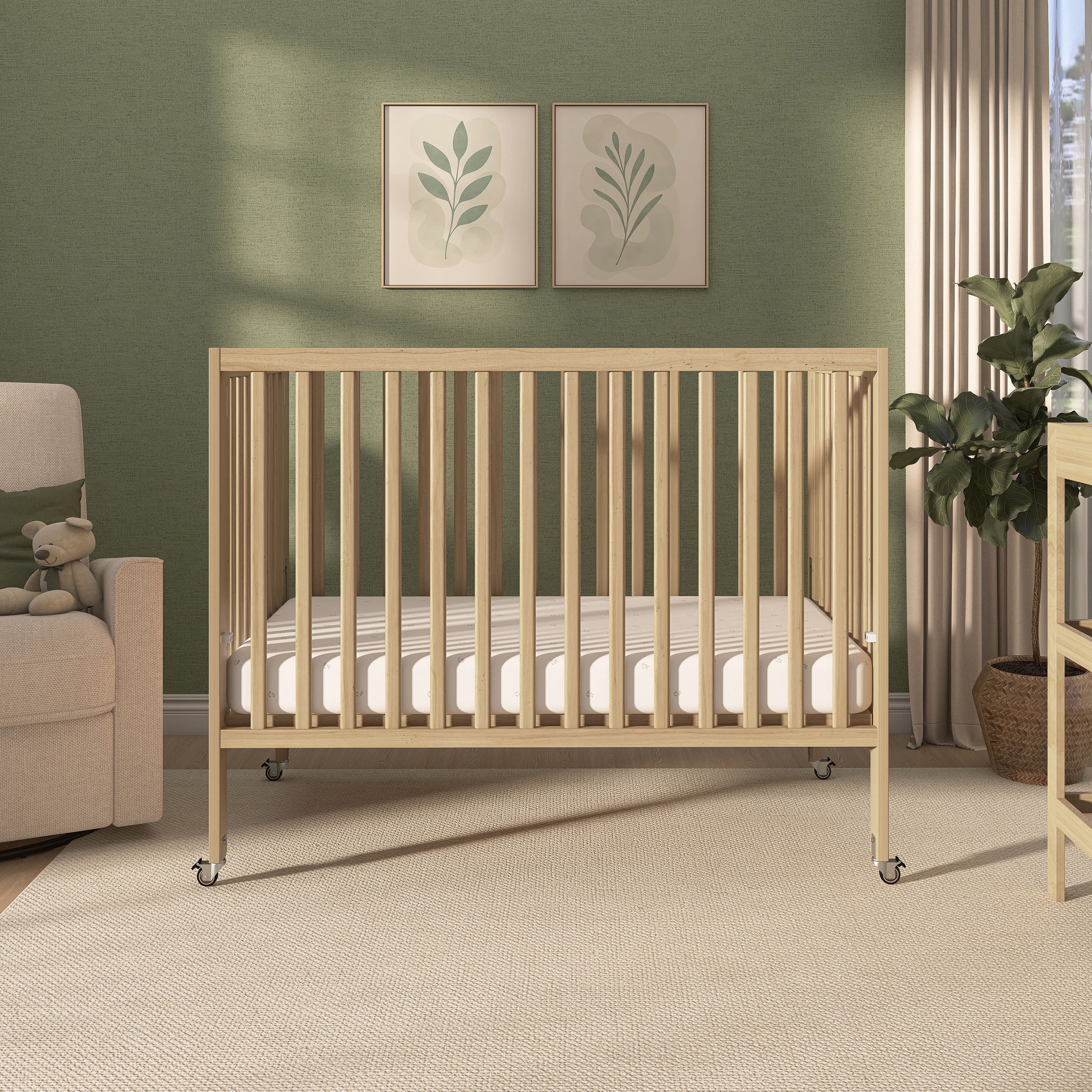 Dream On Me Quinn Full-Size Folding Crib, Removable Wheels, Modern Nursey, Adjustable Mattress Support, Patent Folding System in Natural