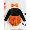 thumbnail image 3 of Liacowi Baby Girls 2Pcs Halloween Romper Long Sleeve Pumpkin Mesh Patchwork Bodysuits 3 6 12 18 24 Months Newborn Autumn One Piece Halloween Costume Headband, 3 of 9