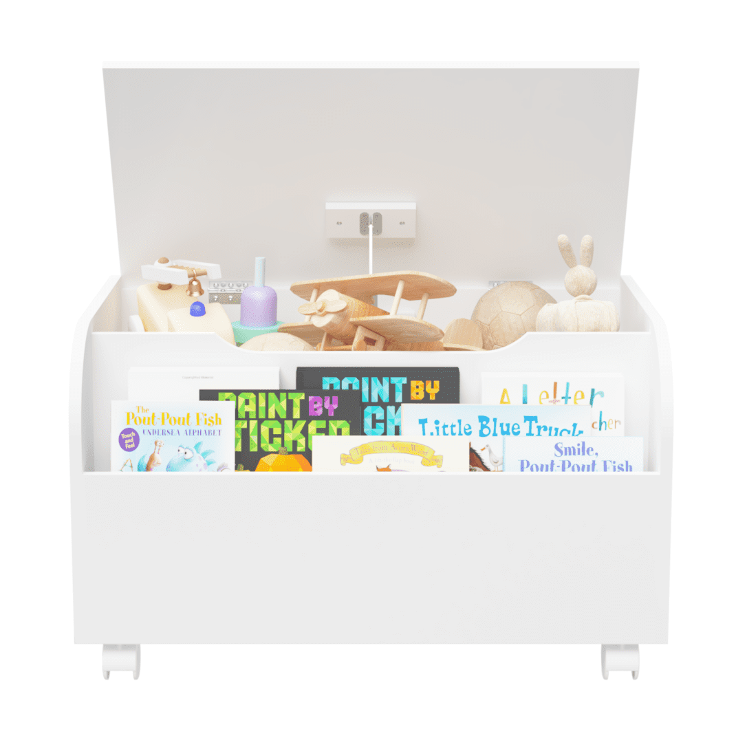Kids Toy Storage Organizer with Front Bookshelf, Wooden Toy Box with 4 Universal Wheels, Flip-Top Lid, Safety Hinge, Boys Girls Toy Chest Bench for Playroom Kids Room Organization(White)