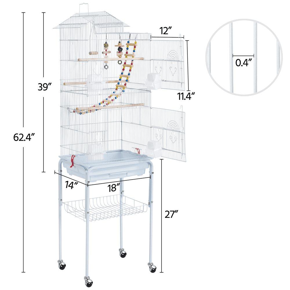 Yaheetech 62.4"H Rolling Metal Birdcage Parrot Cage with Detachable Stand, White