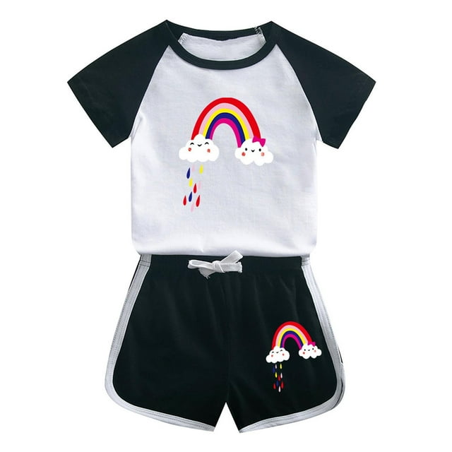 Odeerbi 1-12 Años Niños Niñas Conjuntos de Verano Estampado Algodón Manga Corta Raglan Camisas Pantalones Cortos Conjunto de Dos Piezas