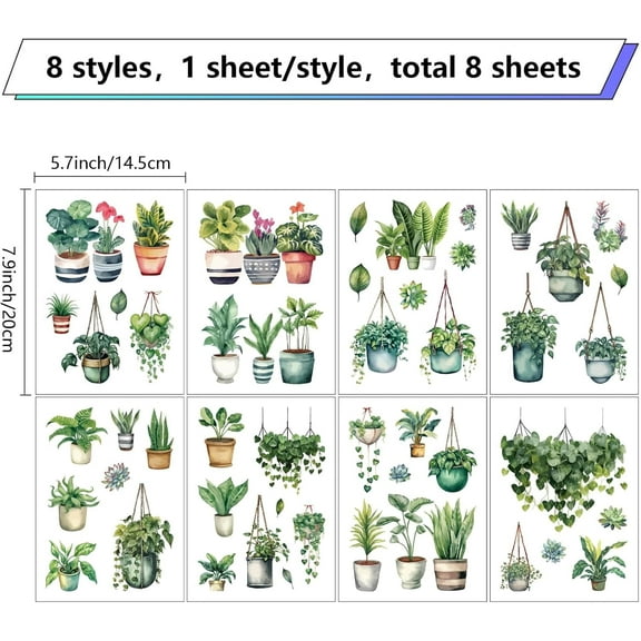 8 Sheets Potted Plant Window Decals Green Plants Leaves Vines Window Clings Peel and Stick Botanical PVC Waterproof Adhesive Wall Stickers for Bedroom Living Room Door Store Showcase Decor