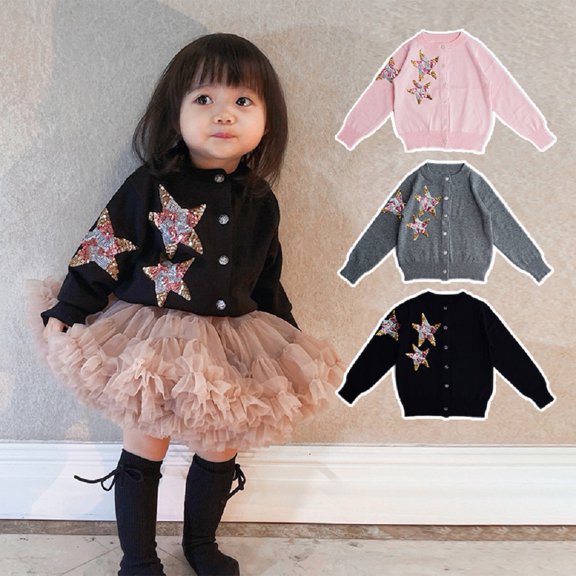 Godderr 2-8Y Girls Cute Knit Sweater Knitwear Knitted Cardigan Sweater Coats Jackets with Sequined Star Fall Spring Princess Cotton Outwears for Toddler Kids