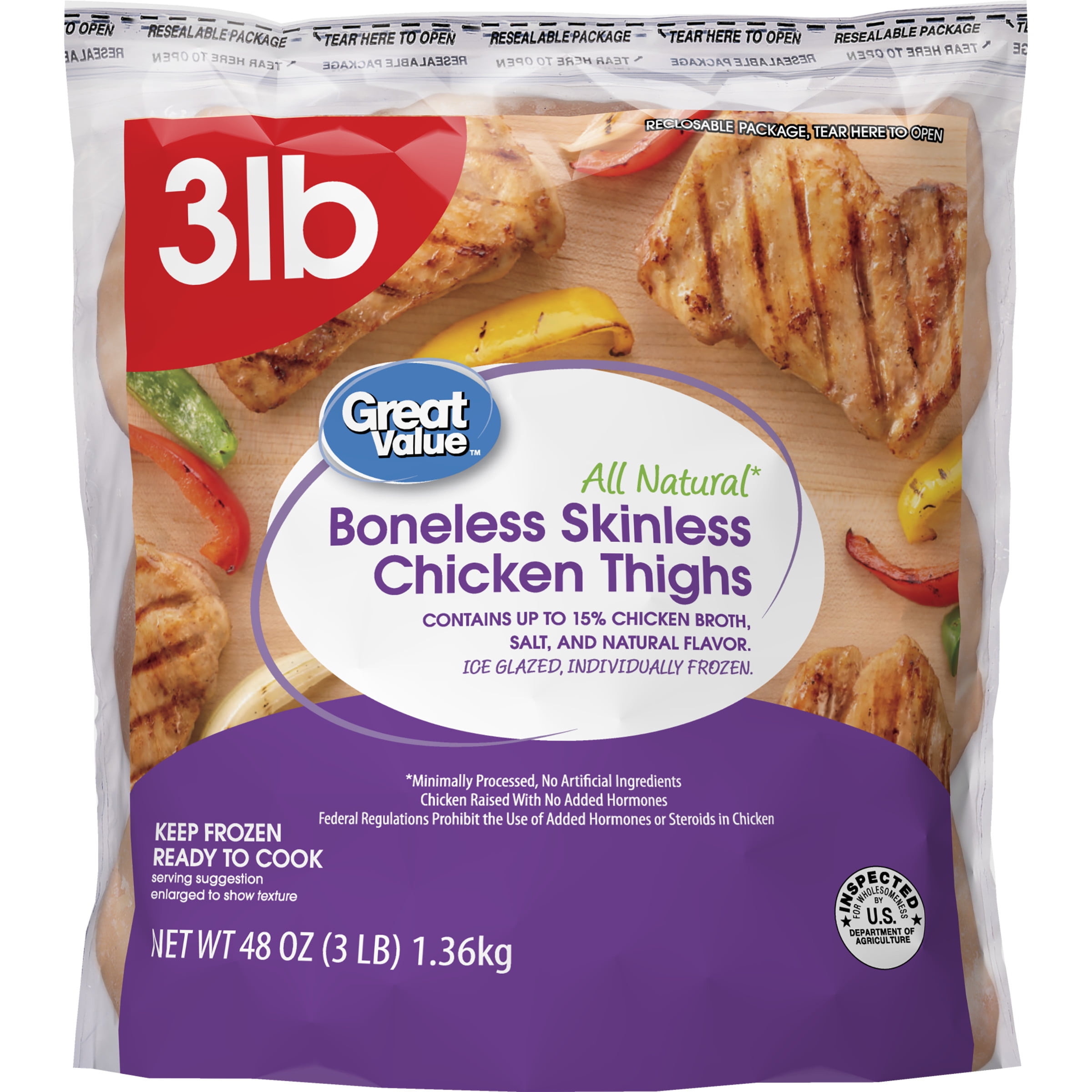 Great Value Boneless Skinless Chicken Thighs, 3 lb (Frozen)
