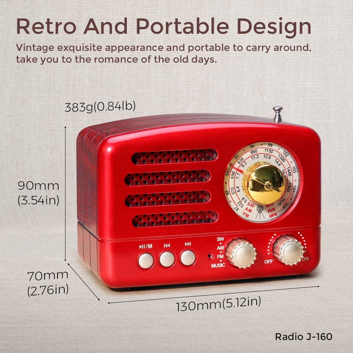 Vintage Shortwave Compact Transistor Radios with Rechargeable Battery Support USB MP3 Player/TF Card/AUX SEMIER Retro AM/FM/SW Portable Bluetooth Speak Radio Gold 