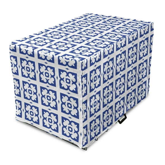Abstract Dog Crate Cover, Repeating and Art Deco Inspired Vintage Motifs on a Plain Background, Easy to Use Pet Kennel Cover Small Dogs Puppies Kittens, 7 Sizes, Persian Blue and White, by Ambesonne