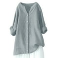 thumbnail image 4 of Jinhomg Plus Size Linen Blouse for Women Cotton Linen Button Down Shirts Solid Long Sleeve Band Collar Shirt Loose Fit Mid Length Pullover Blouses Prime Big Deal Days Gray XXXXL, 4 of 5