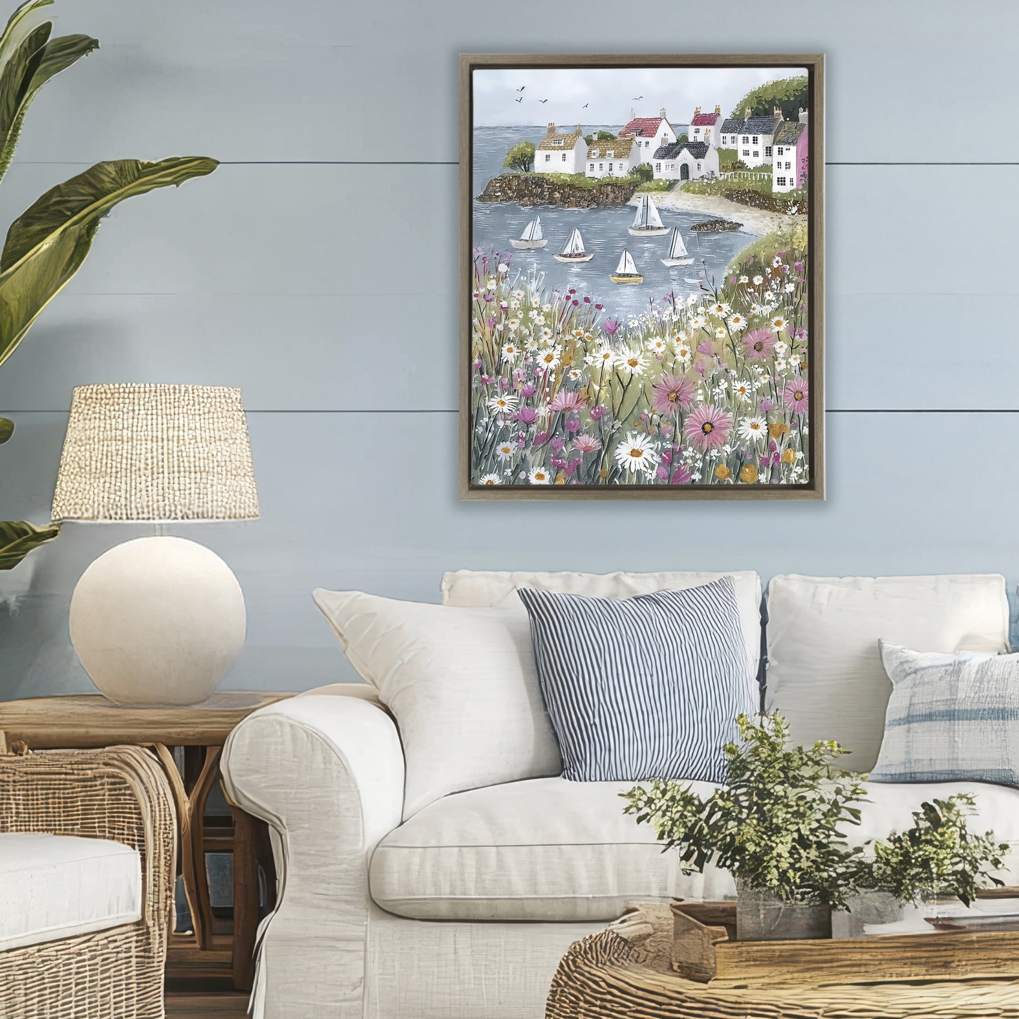 Stupell Industries Seaside Sailboats in Village Bay Brown Framed Floater Canvas Wall Art, design by Riley B